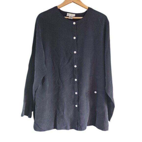 Anne Larson 100% Silk Blouse Vintage Sz 2X Navy Blue Button Down Collarless - Picture 1 of 13